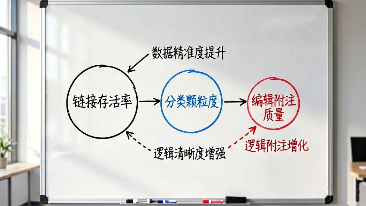 白板上绘制着导航网站质量评估框架图，标注链接存活率、分类颗粒度、编辑附注三个核心维度
